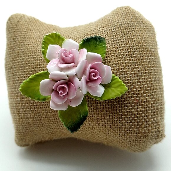 Ceramic Floral Brooch Pin Soft Pink Roses on Pastel Green Leaves - Picture 7 of 7